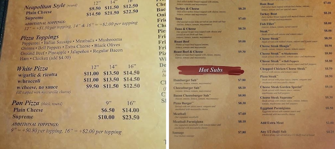 Pizza Garden Italian Restaurant Menu
